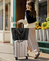 BAGSMART Expandable Tote Bag for Women, Puffer Work Tote Handbag, Quilted Carry On Bag for Travel Gym, Black, Large