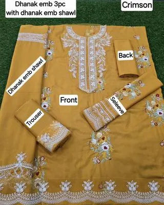 3 Pcs Women's Unstitched Yellow Embroidered Suit – Dhanak Fabric with Embroidered Dupatta, Winter Collection