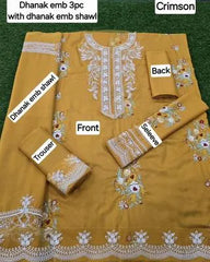 3 Pcs Women's Unstitched Yellow Embroidered Suit – Dhanak Fabric with Embroidered Dupatta, Winter Collection