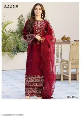 Chic Red Embroidered 3 Pc Suit Set with Organza Cut Work Dupatta – Dhanak Fabric, Festive Wear