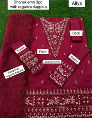 Chic Red Embroidered 3 Pc Suit Set with Organza Cut Work Dupatta – Dhanak Fabric, Festive Wear