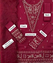 Chic Red Embroidered 3 Pc Suit Set with Organza Cut Work Dupatta – Dhanak Fabric, Festive Wear