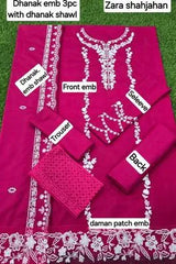 3 Pcs Women's Unstitched Pink Embroidered Suit – Dhanak Fabric with Embroidered Dupatta, Winter Collection