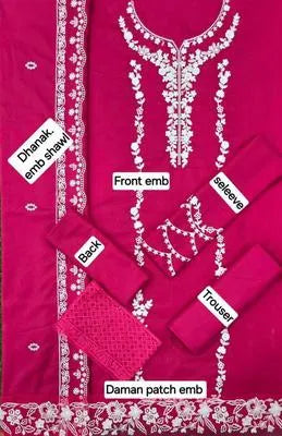 3 Pcs Women's Unstitched Pink Embroidered Suit – Dhanak Fabric with Embroidered Dupatta, Winter Collection