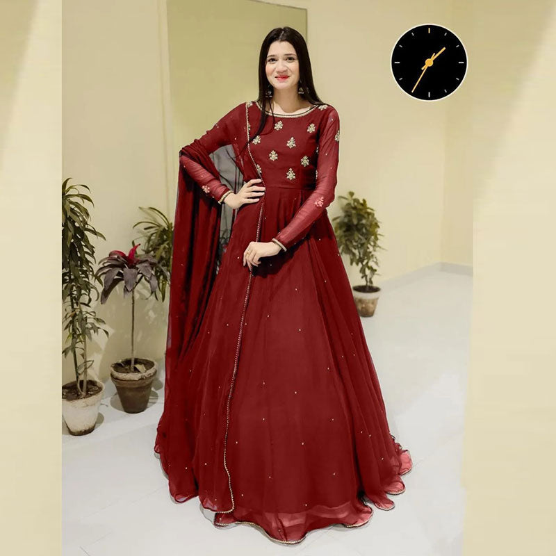 3 Pcs Women's Stitched Chiffon Embroidered Maxi Suit – Elegant Red Party Wear Dress | China Market Rawalpindi