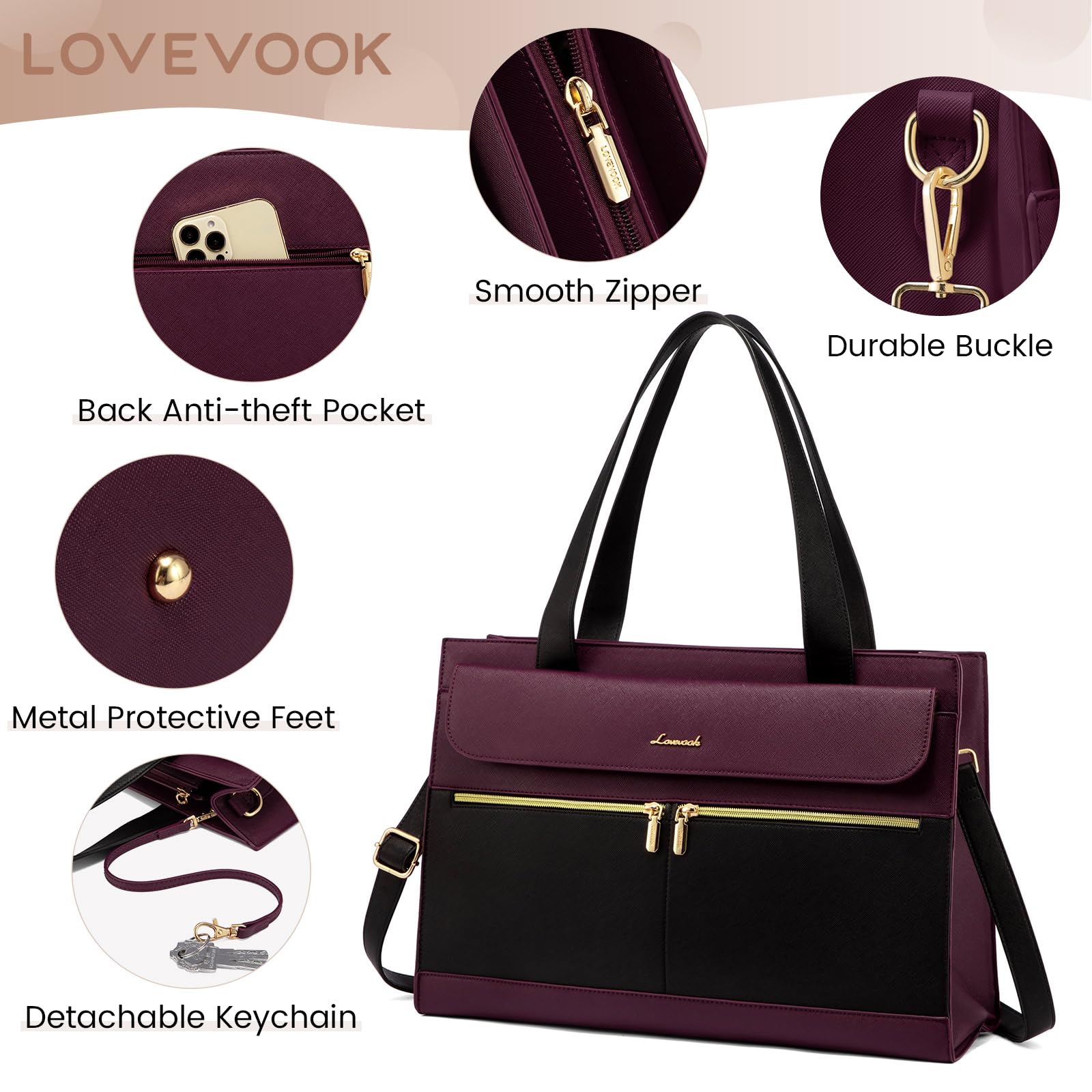 LOVEVOOK Laptop Bag for Women 15.6 Inch Tote Work Professional Leather Computer Briefcase Waterproof Handbag Shoulder Large Capacity Business Teacher Office Crossbody Purse