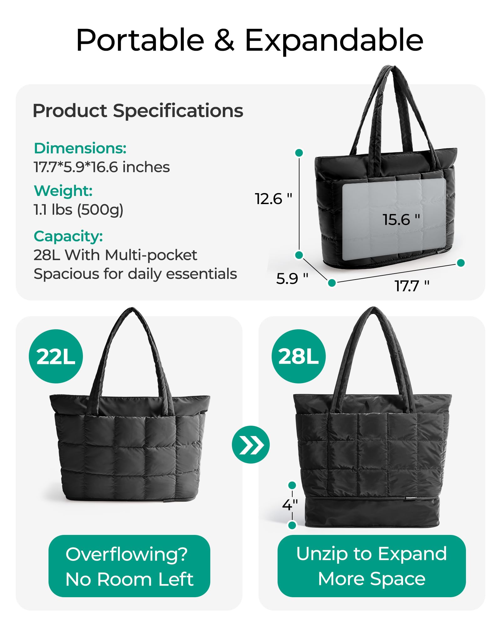 BAGSMART Expandable Tote Bag for Women, Puffer Work Tote Handbag, Quilted Carry On Bag for Travel Gym, Black, Large