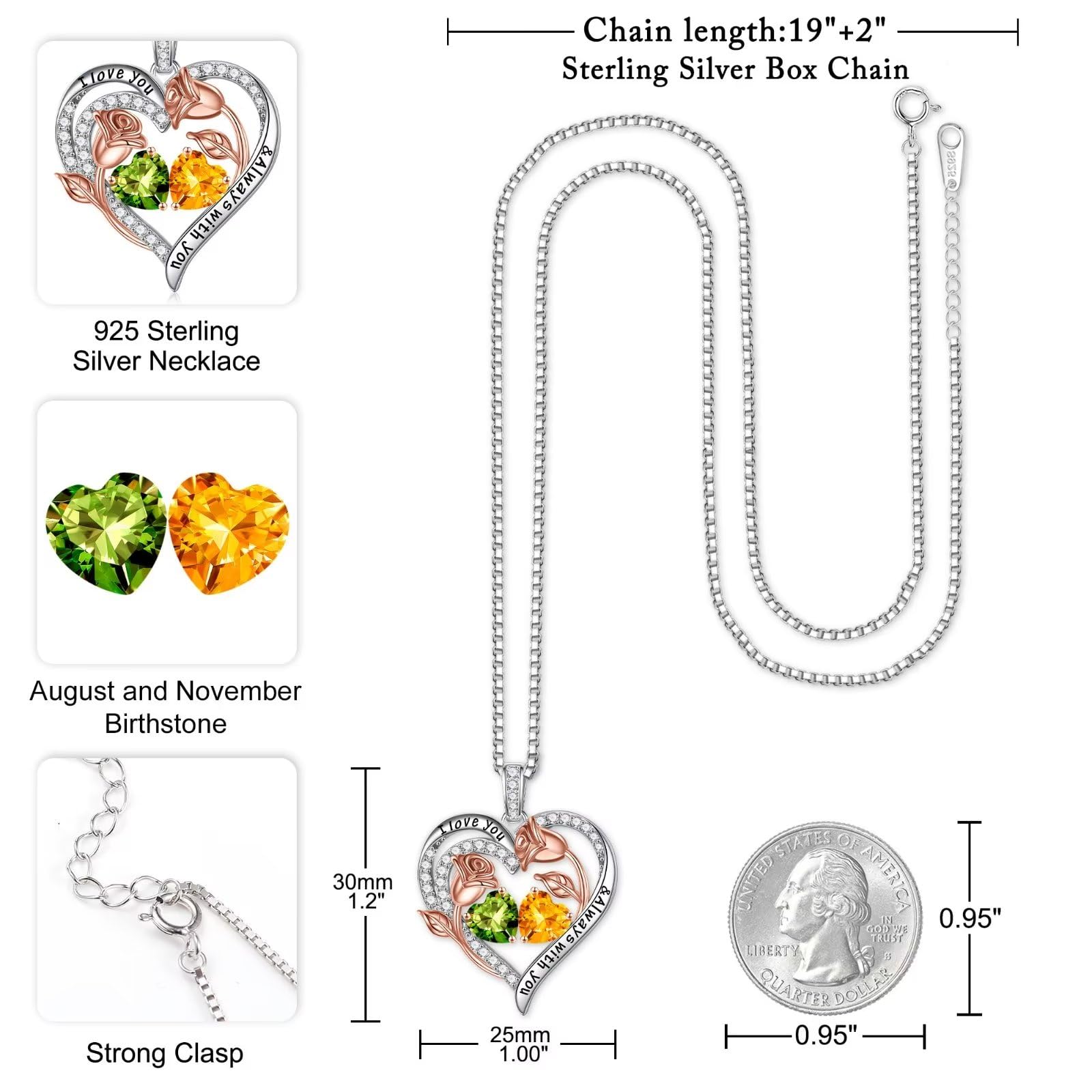 Iefil Heart Necklace for Women - August November Birthstone Necklace, Peridot Citrine Jewelry, Womens Jewelry