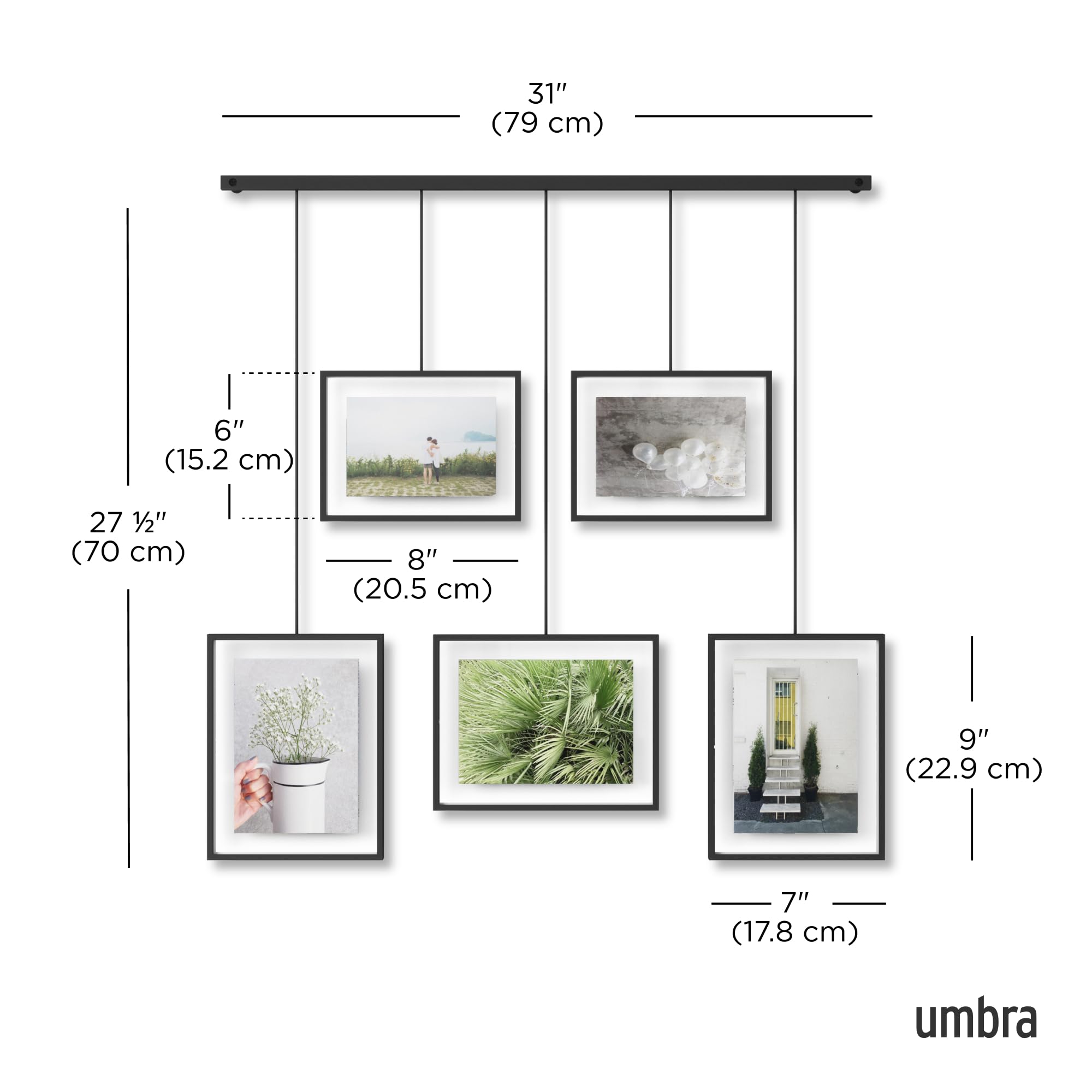 Umbra Exhibit Picture Frame Gallery Set, Adjustable Wall Collage Displays Five Photos (Two 4x6 and Three 5x7), Set of 5, Black