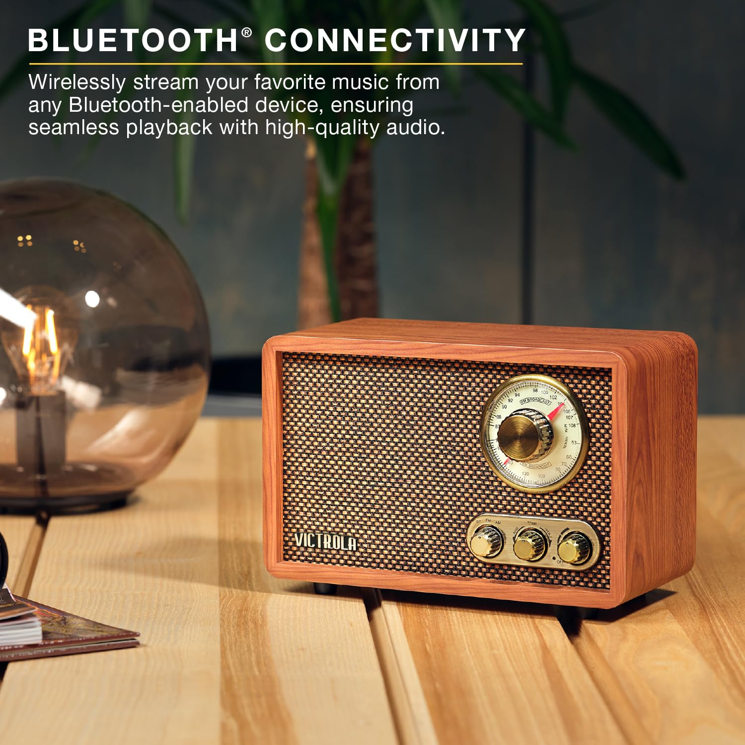 Victrola Willow – Retro Wood Bluetooth Radio with Built-in Speakers: Elegant & Vintage Design, Rotary AM/FM Tuning Dial, Bass & Treble Control, Wireless Streaming (Espresso)