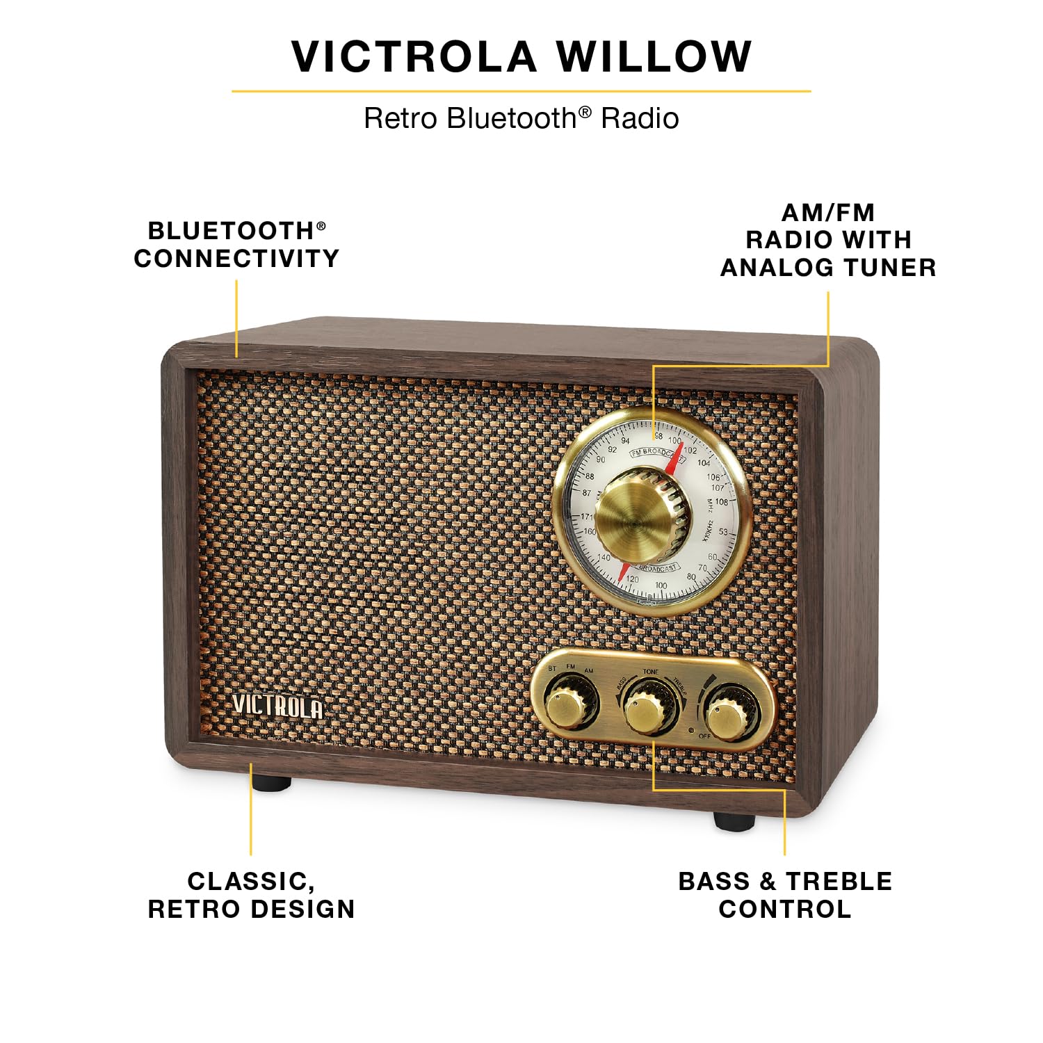 Victrola Willow – Retro Wood Bluetooth Radio with Built-in Speakers: Elegant & Vintage Design, Rotary AM/FM Tuning Dial, Bass & Treble Control, Wireless Streaming (Espresso)
