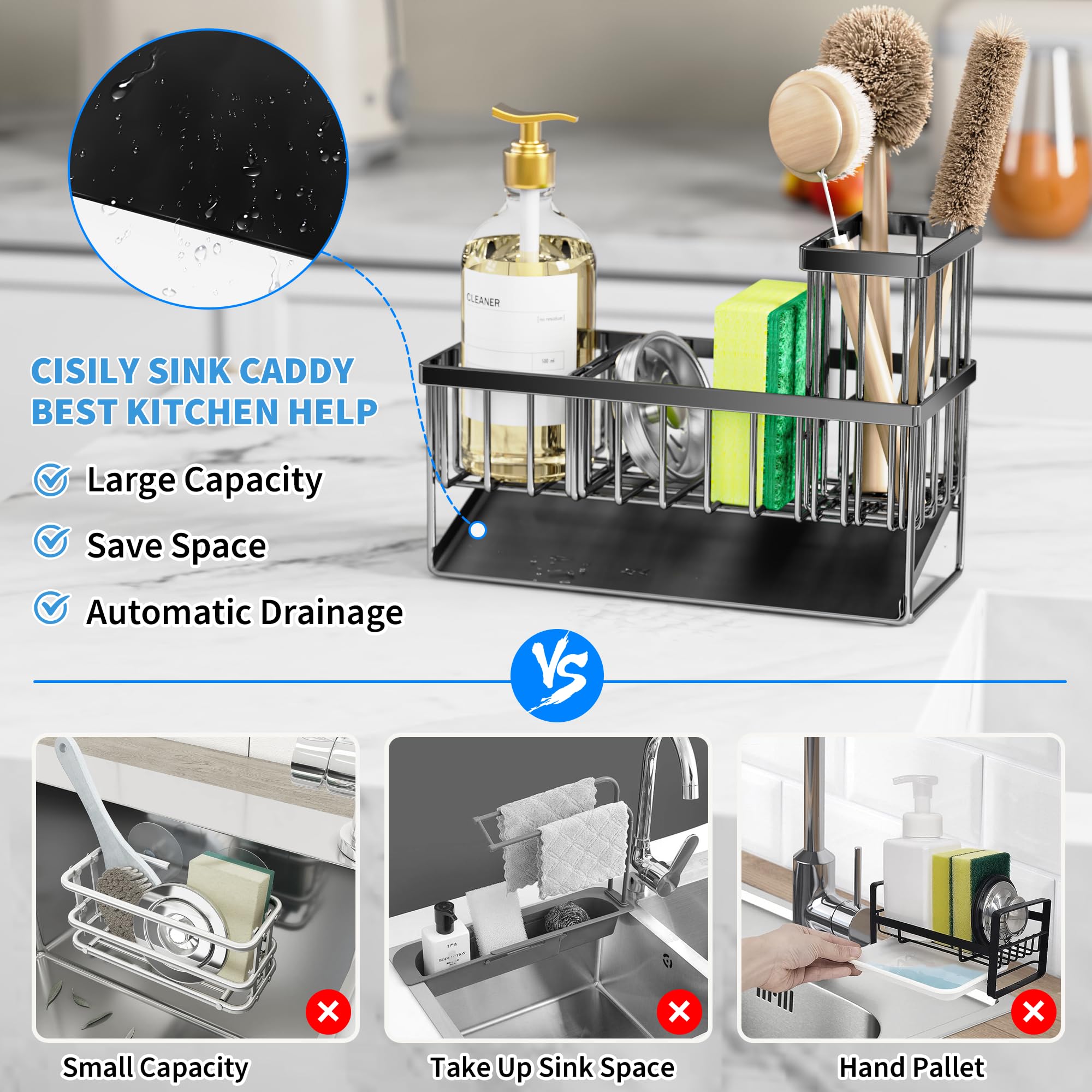 Cisily Kitchen Sink Caddy Organzier with High Brush Holder, Sponge Holder for Sink, 304 Rustproof Stainless, Kitchen Countertop Soap Dispenser Organizer