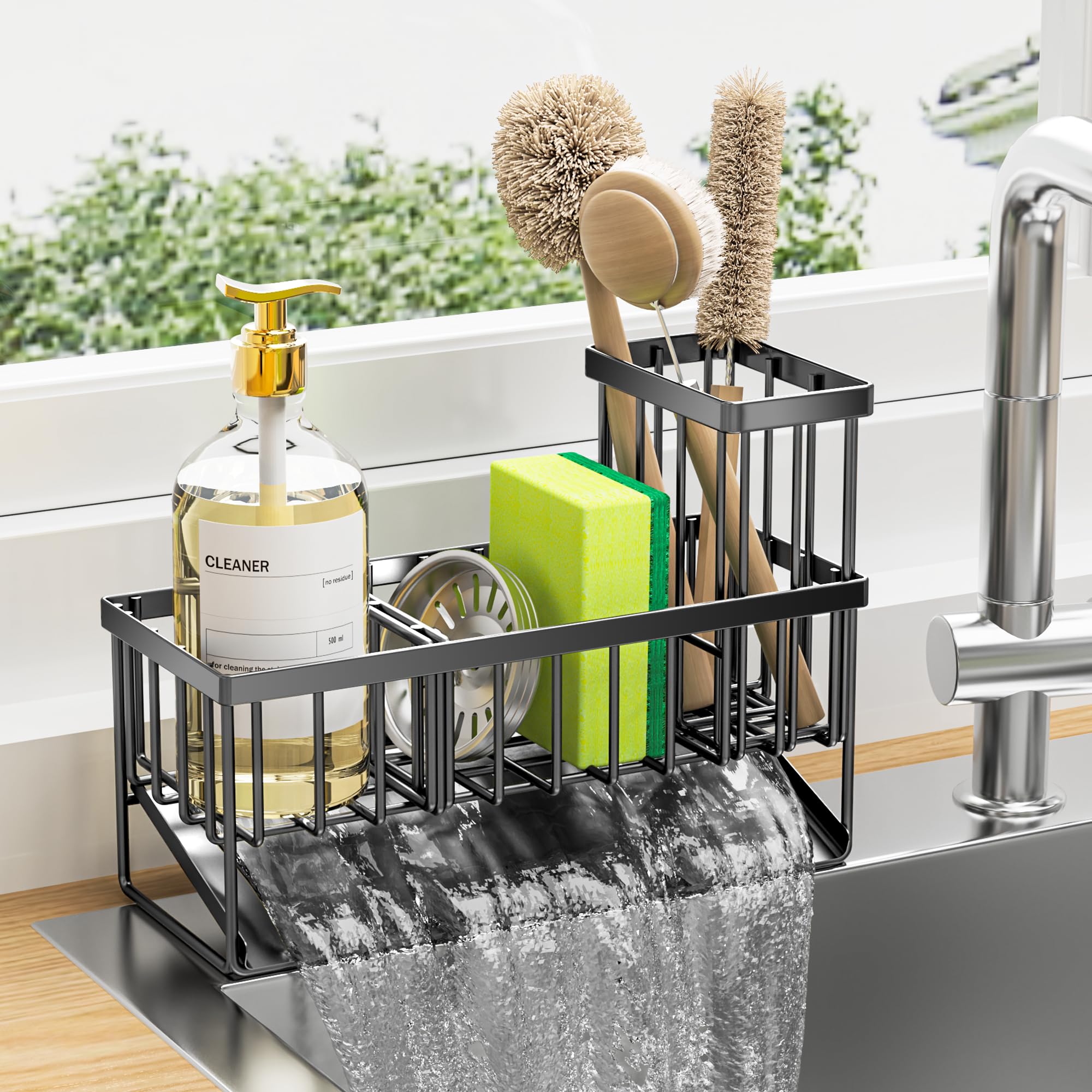 Cisily Kitchen Sink Caddy Organzier with High Brush Holder, Sponge Holder for Sink, 304 Rustproof Stainless, Kitchen Countertop Soap Dispenser Organizer