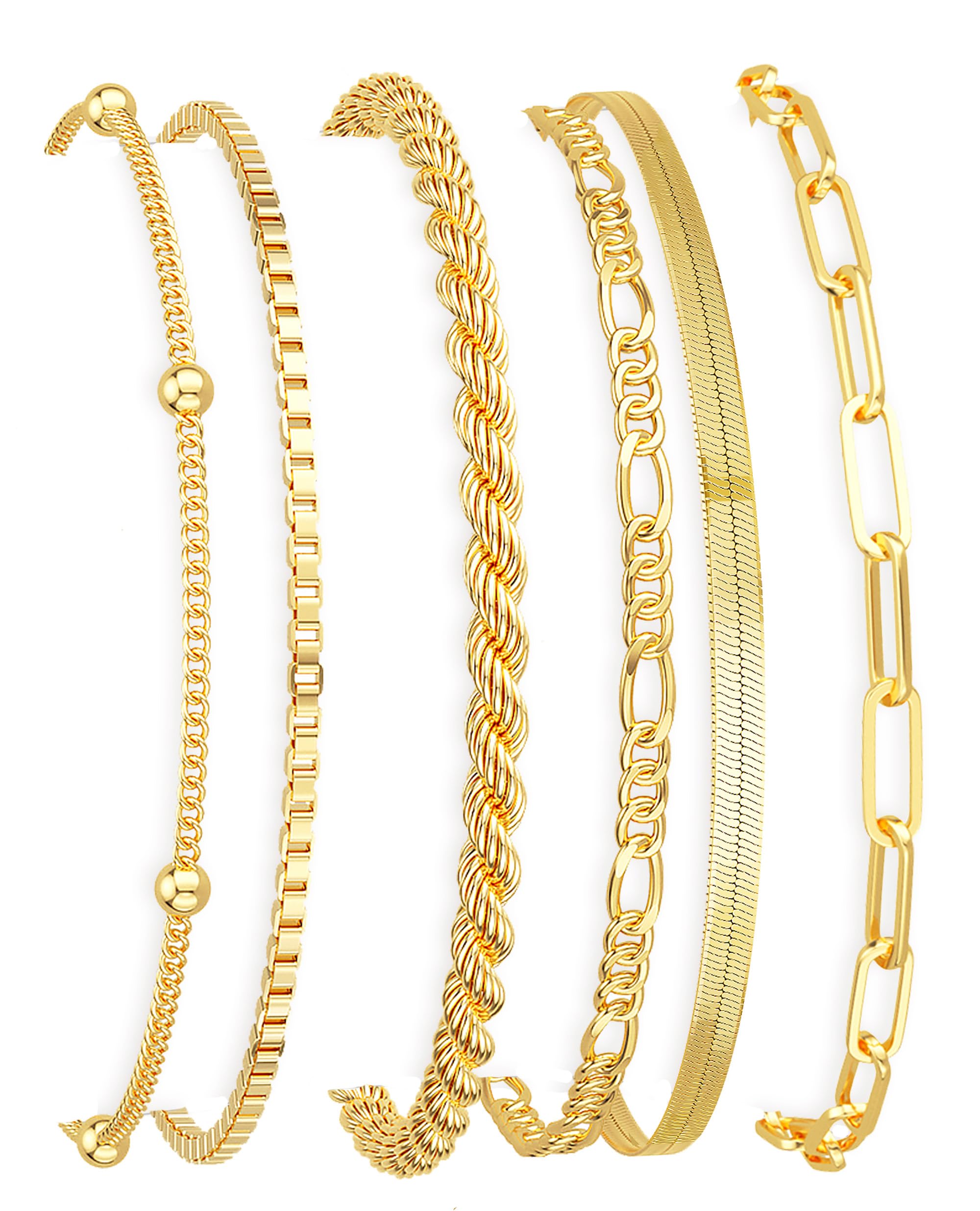 DEARMAY 14K Gold Plated Bracelets for Women Jewelry Sets Stack Trendy Dainty Stackable Paperclip Rope Snake Box Figaro Chain Bracelets Pack Costume Fashion Gifts