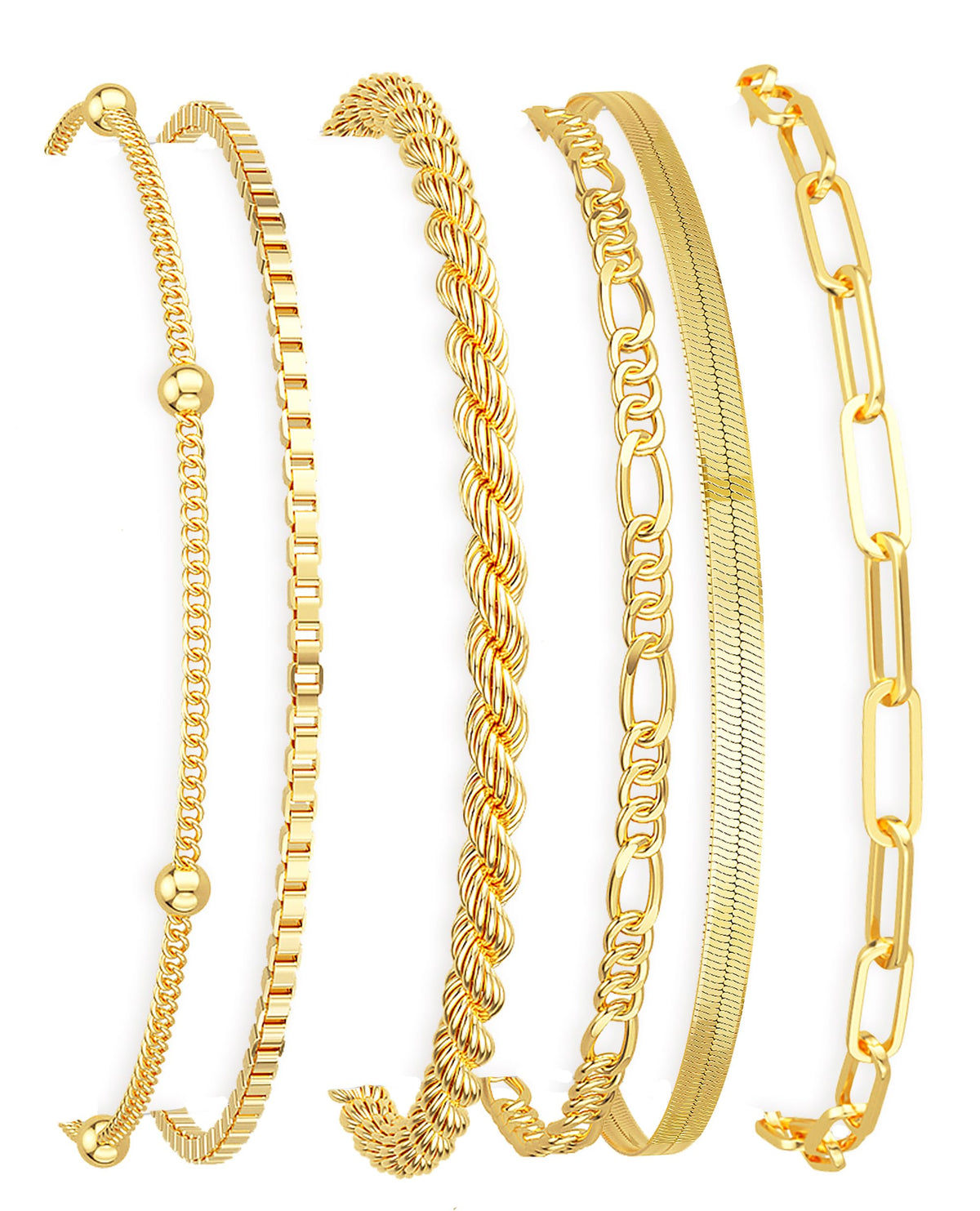 DEARMAY 14K Gold Plated Bracelets for Women Jewelry Sets Stack Trendy Dainty Stackable Paperclip Rope Snake Box Figaro Chain Bracelets Pack Costume Fashion Gifts