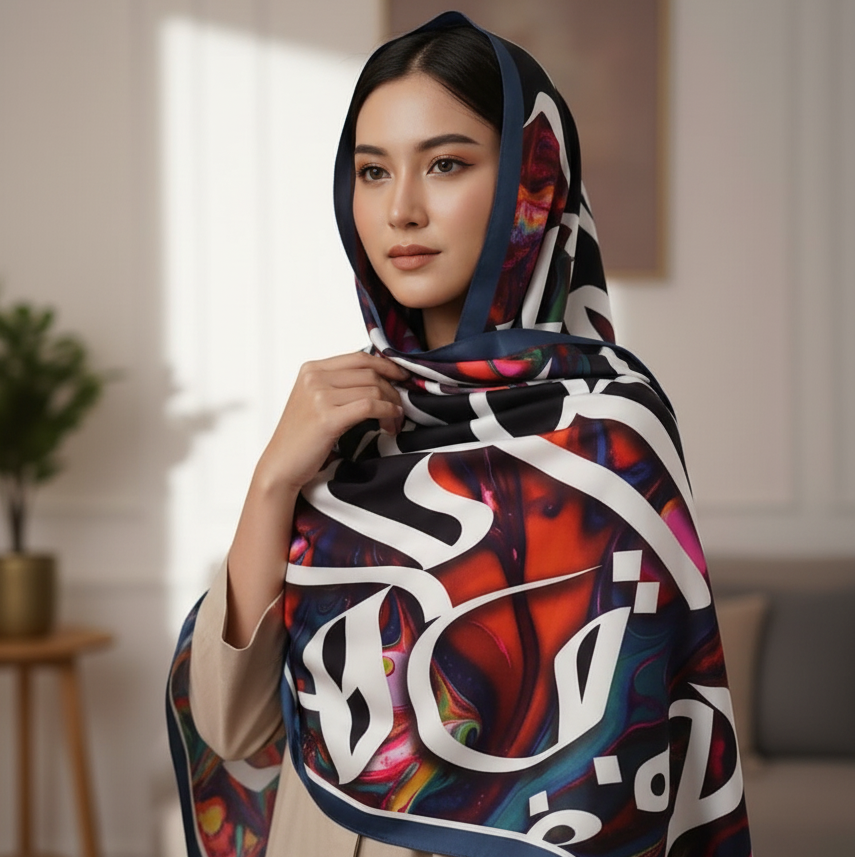 Women's Stitched Silk Calligraphy Dupatta – Elegant Multicolor 2.5 Gazz Shawl | China Market Rawalpindi