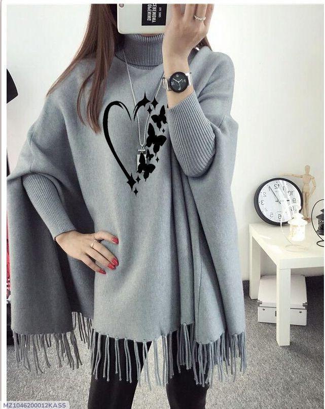 Women's Grey Polyester Heart Printed Poncho Cape Shawl – Trendy Winter Wrap | China Market Rawalpindi