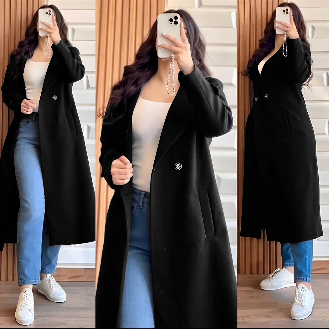 Women's Fleece Long Sleeve Coat with Kaaj Buttons and Pockets – Elegant Black Winter Wear | China Market Rawalpindi
