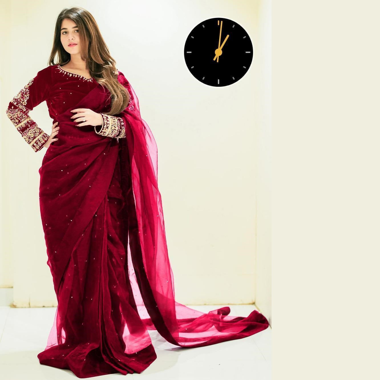 Stitched Saree – Maroon Chiffon Embroidered 2 Pcs with Silk Blouse | Elegant Party Wear