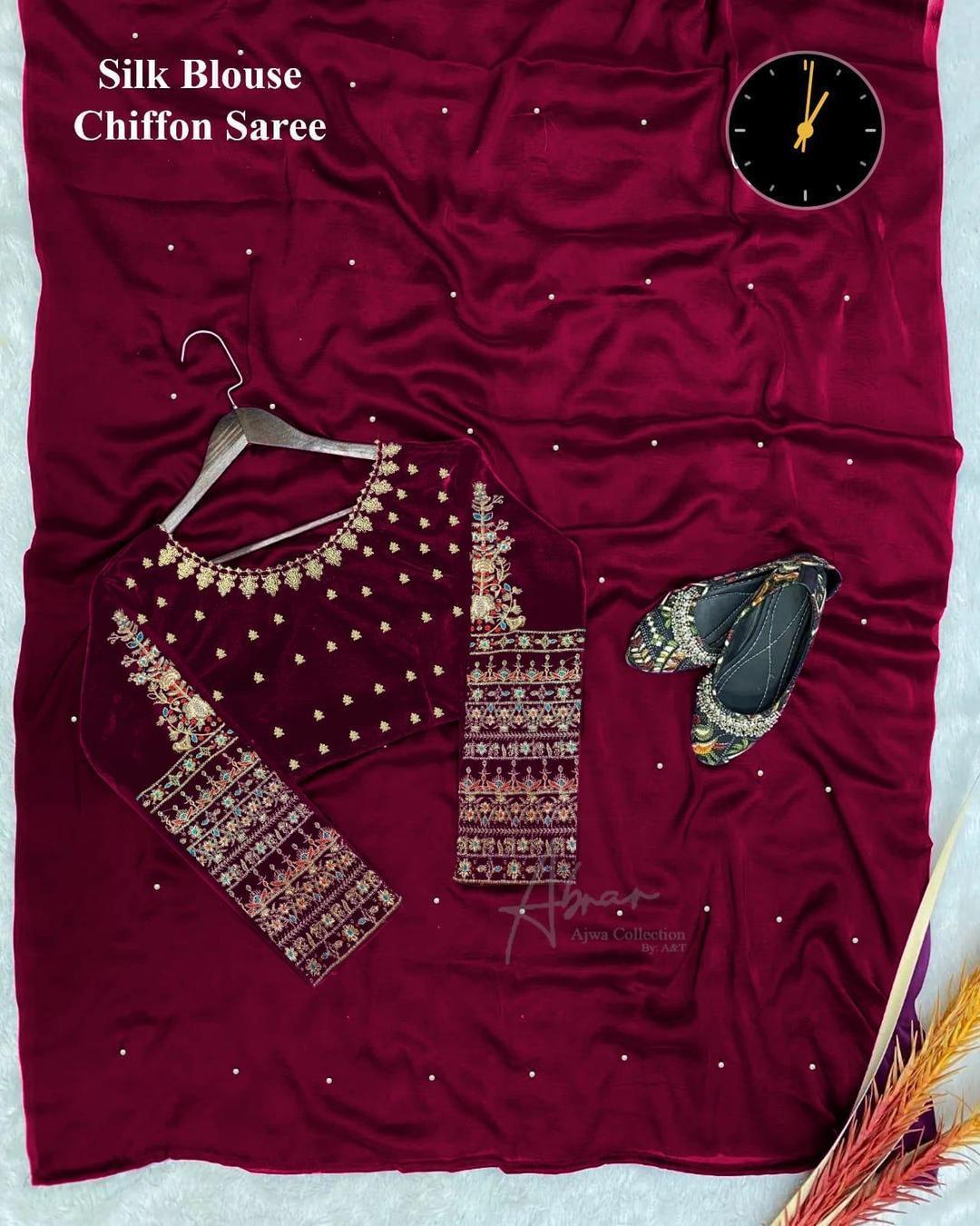 Stitched Saree – Maroon Chiffon Embroidered 2 Pcs with Silk Blouse | Elegant Party Wear