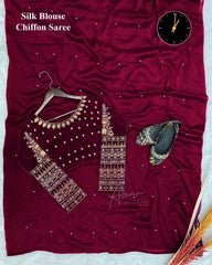 Stitched Saree – Maroon Chiffon Embroidered 2 Pcs with Silk Blouse | Elegant Party Wear