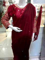 Stitched Saree – Maroon Chiffon Embroidered 2 Pcs with Silk Blouse | Elegant Party Wear
