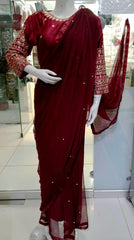 Stitched Saree – Maroon Chiffon Embroidered 2 Pcs with Silk Blouse | Elegant Party Wear