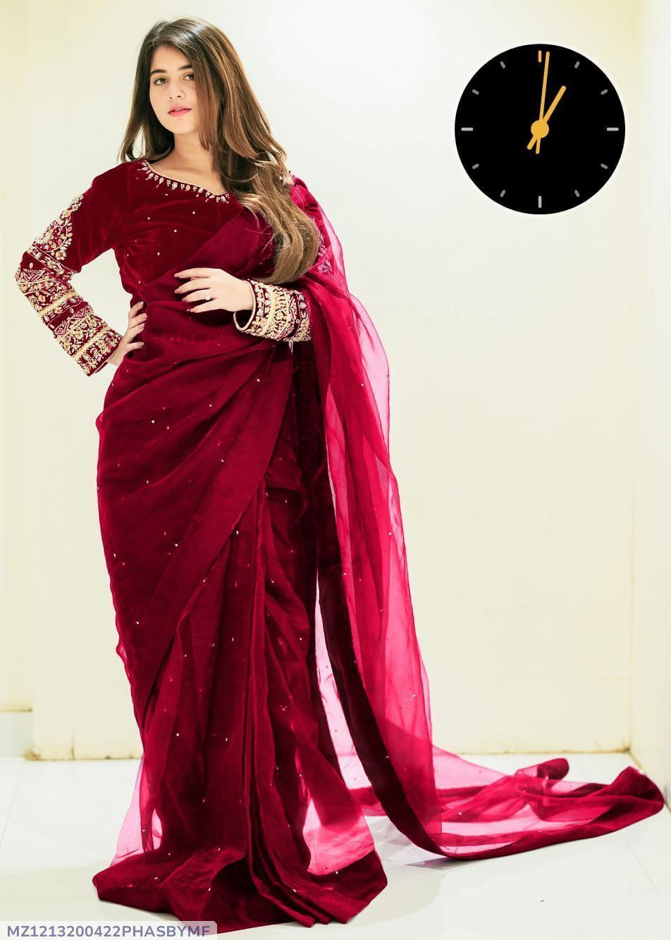 Stitched Saree – Maroon Chiffon Embroidered 2 Pcs with Silk Blouse | Elegant Party Wear