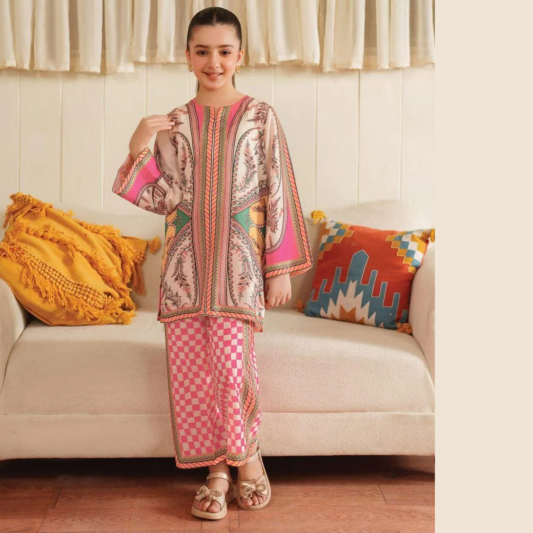 Girls’ 2-Pcs Swiss Lawn Printed Suit – Pink Shirt & Trouser Set (1–12 Yrs)
