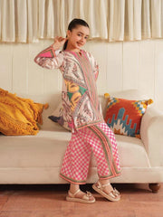 Girls’ 2-Pcs Swiss Lawn Printed Suit – Pink Shirt & Trouser Set (1–12 Yrs)