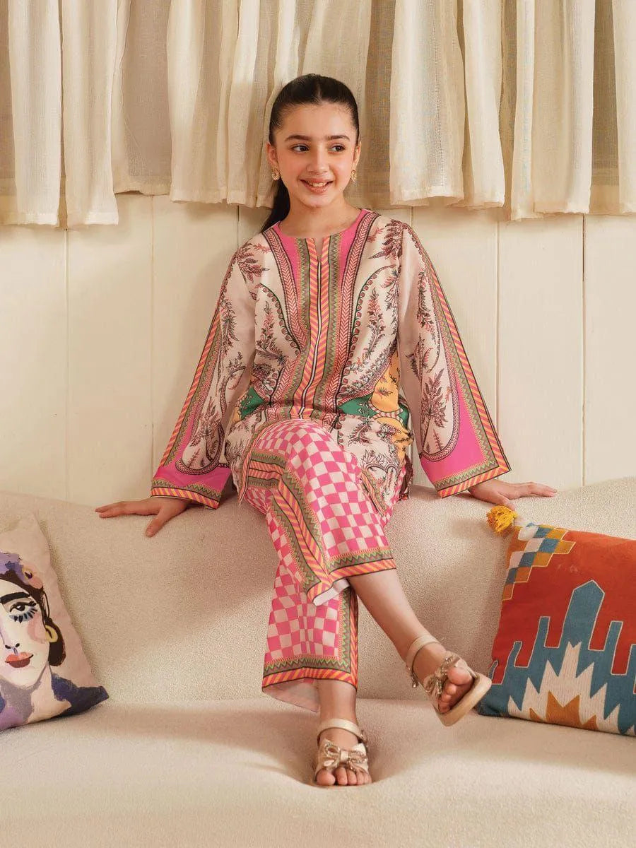 Girls’ 2-Pcs Swiss Lawn Printed Suit – Pink Shirt & Trouser Set (1–12 Yrs)