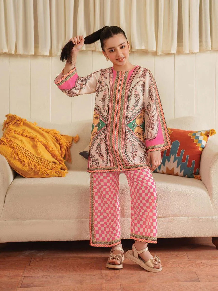 Girls’ 2-Pcs Swiss Lawn Printed Suit – Pink Shirt & Trouser Set (1–12 Yrs)
