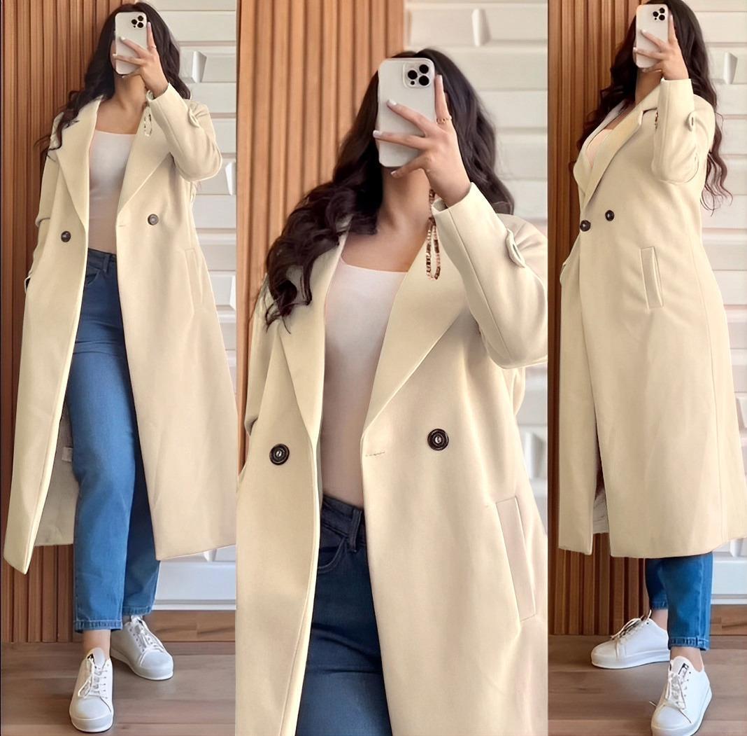 Women's Stitched Plain Fleece Trench Coat – Elegant Beige Winter Wear | China Market Rawalpindi