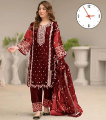 3 Pcs Women's Stitched Organza Embroidered Suit – Elegant Red Formal Dress | China Market Rawalpindi