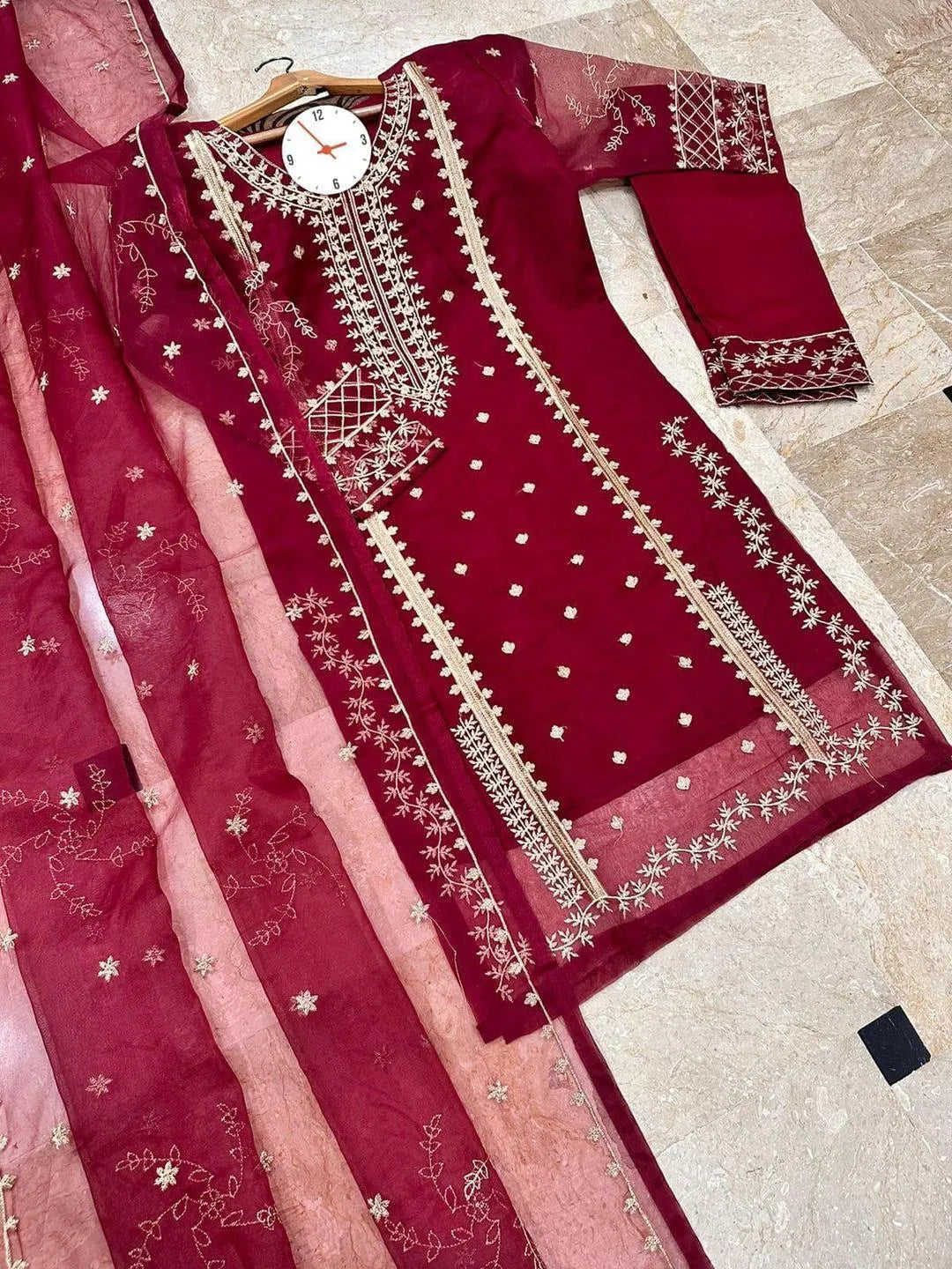 3 Pcs Women's Stitched Organza Embroidered Suit – Elegant Red Formal Dress | China Market Rawalpindi