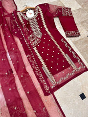 3 Pcs Women's Stitched Organza Embroidered Suit – Elegant Red Formal Dress | China Market Rawalpindi