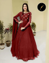 3 Pcs Women's Stitched Chiffon Embroidered Maxi Suit – Elegant Red Party Wear Dress | China Market Rawalpindi