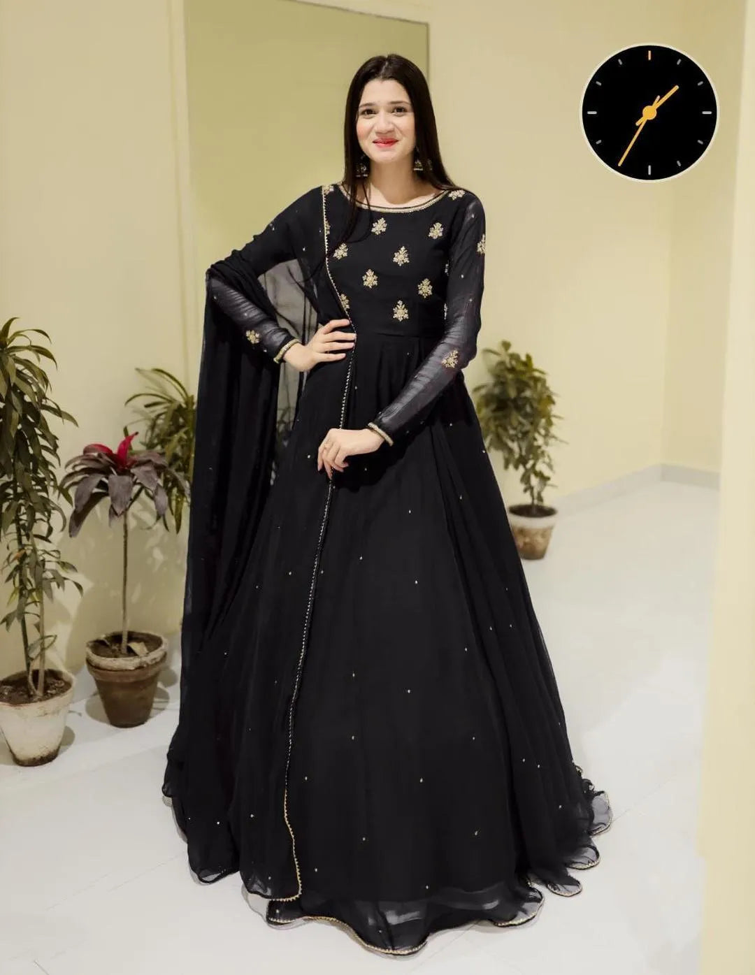3 Pcs Women's Stitched Chiffon Embroidered Maxi Suit – Elegant Black Party Wear Dress | China Market Rawalpindi