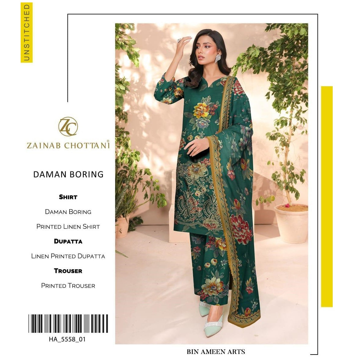 Women’s 3-Pcs Linen Digital Print Suit – Unstitched Green Dress Set