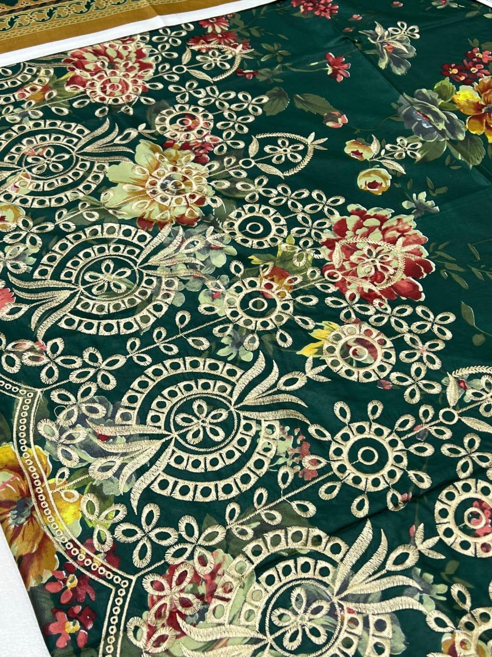 Women’s 3-Pcs Linen Digital Print Suit – Unstitched Green Dress Set