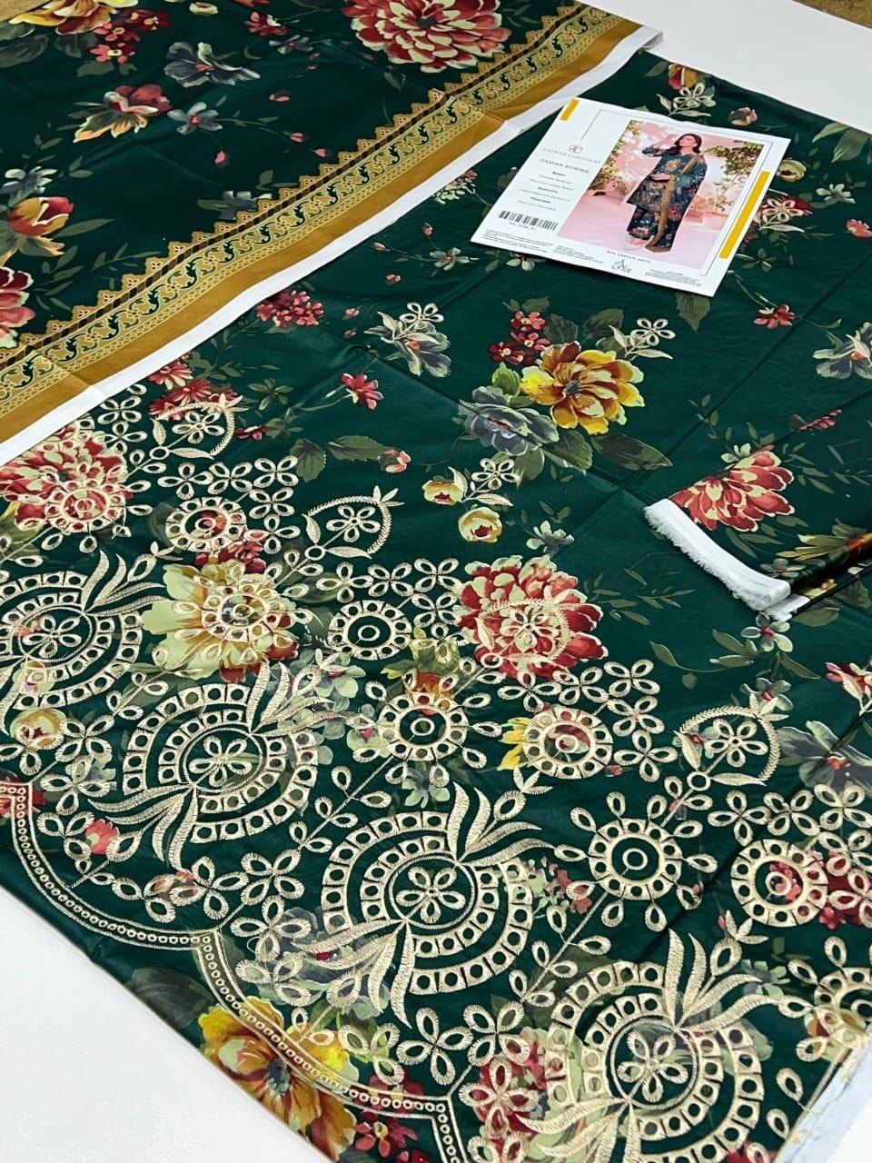 Women’s 3-Pcs Linen Digital Print Suit – Unstitched Green Dress Set