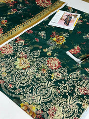 Women’s 3-Pcs Linen Digital Print Suit – Unstitched Green Dress Set