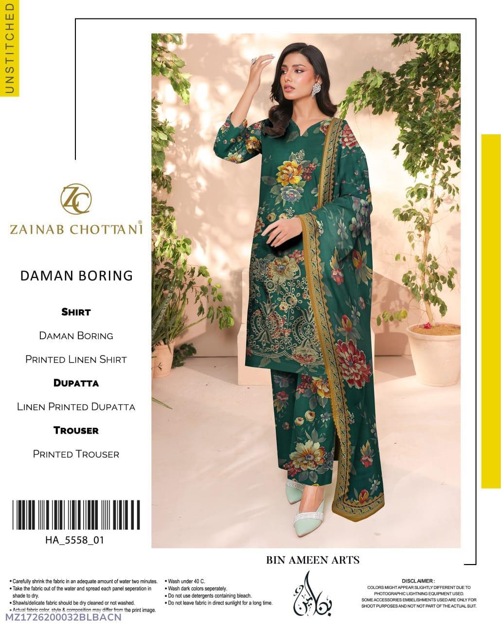 Women’s 3-Pcs Linen Digital Print Suit – Unstitched Green Dress Set