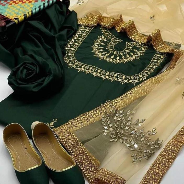 3 Pcs Women’s Unstitched Fancy Katan Silk Embroidered Suit – Festive Wear with Organza Dupatta (All Season)