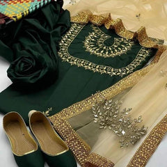 3 Pcs Women’s Unstitched Fancy Katan Silk Embroidered Suit – Festive Wear with Organza Dupatta (All Season)