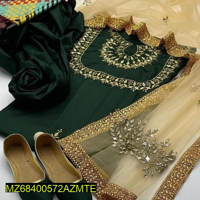 3 Pcs Women’s Unstitched Fancy Katan Silk Embroidered Suit – Festive Wear with Organza Dupatta (All Season)