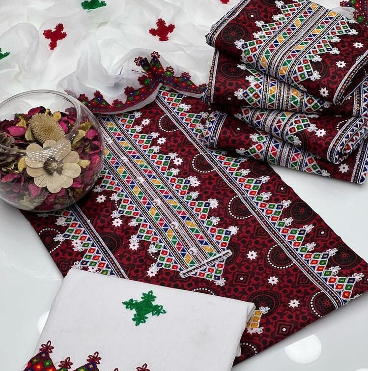 3 Pcs Women's Unstitched Cotton Embroidered Suit