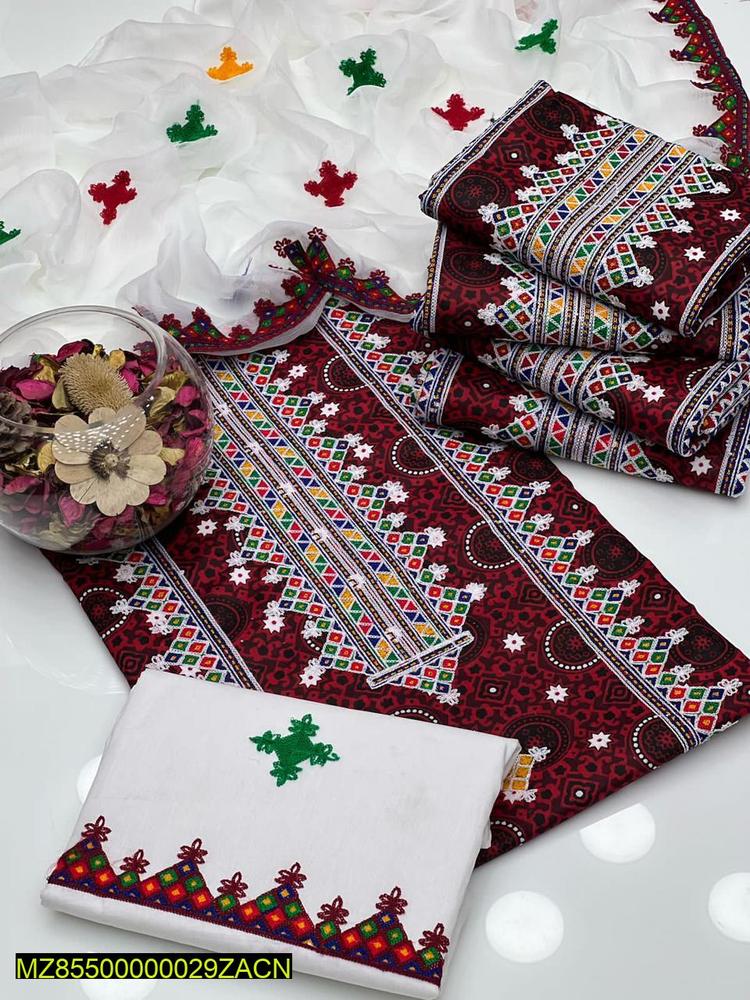 3 Pcs Women's Unstitched Cotton Embroidered Suit