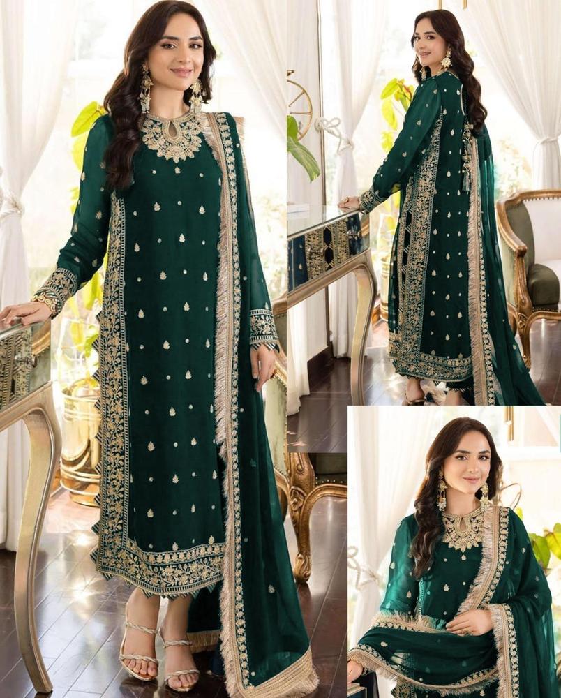 3 Pcs Women’s Stitched Crinkle Chiffon Embroidered Suit – Green | Elegant Formal Wear