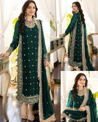 3 Pcs Women’s Stitched Crinkle Chiffon Embroidered Suit – Green | Elegant Formal Wear